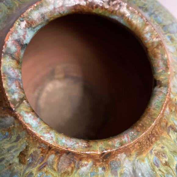 Vintage Drip Glaze Redware Pottery Vase Pot in Green Brown Textured - Picture 10 of 12